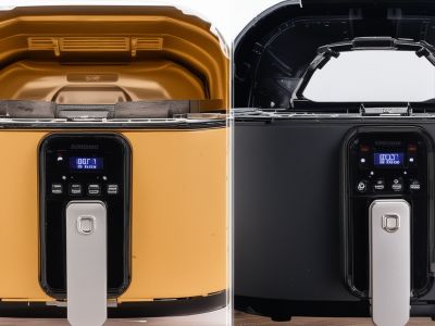 Before and after air fryer repair showing digital control panel restoration and heating element replacement