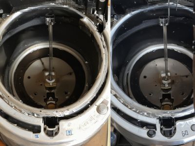 Before and after comparison of coffee maker repair showing damaged heating element replaced with new component