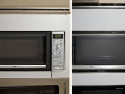 Before and after microwave repair showing control panel replacement and turntable mechanism fix
