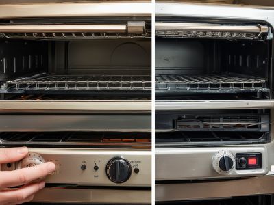 Before and after toaster oven repair showing heating element replacement and timer mechanism fix