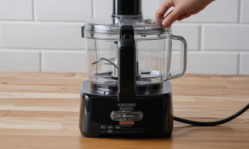 Food processor maintenance and troubleshooting showing motor care, blade cleaning, and proper storage techniques