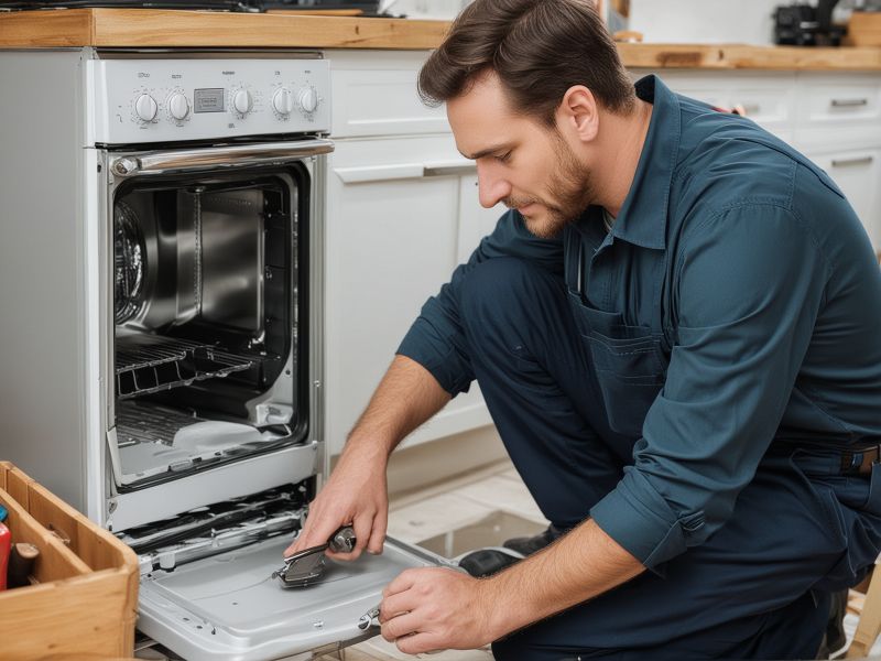 Professional appliance repair technician working on kitchen appliances in a well-equipped workshop