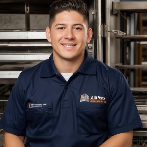 Professional portrait of James Rodriguez, founder and lead technician of All City Appliance Repair, wearing work uniform with friendly confident expression