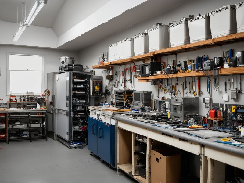 Professional appliance repair workshop with tools, testing equipment, and organized workspace showing expert craftsmanship
