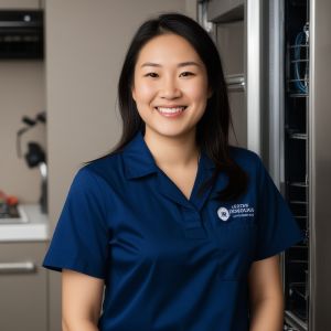 Professional portrait of Sarah Chen, senior appliance repair technician, smiling confidently in work uniform