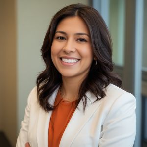 Professional portrait of Maria Gonzalez, customer service manager, warm welcoming smile in professional attire