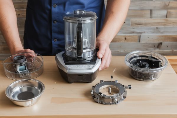 Professional food processor and blender repair showing motor components, blade assemblies, and precision tools in workshop
