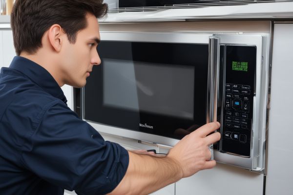Modern kitchen microwave oven in sleek appliance, professional repair technician testing microwave safety equipment