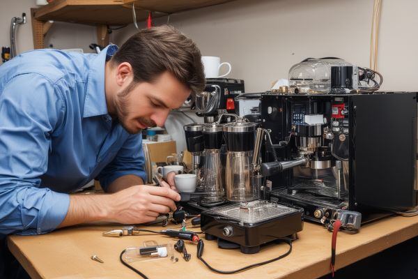 Professional coffee maker repair showing electronic components, heating elements, and diagnostic equipment in repair workshop