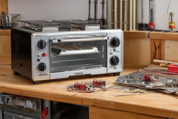 Toaster and toaster oven repair showing heating elements, timers, and electronic components being tested on workbench